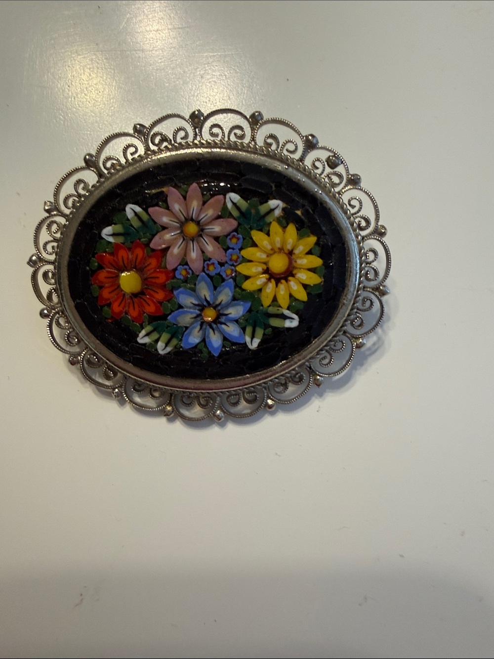 Vintage Italian Micro Mosaic Floral Brooch, Sterling Silver Oval Filigree